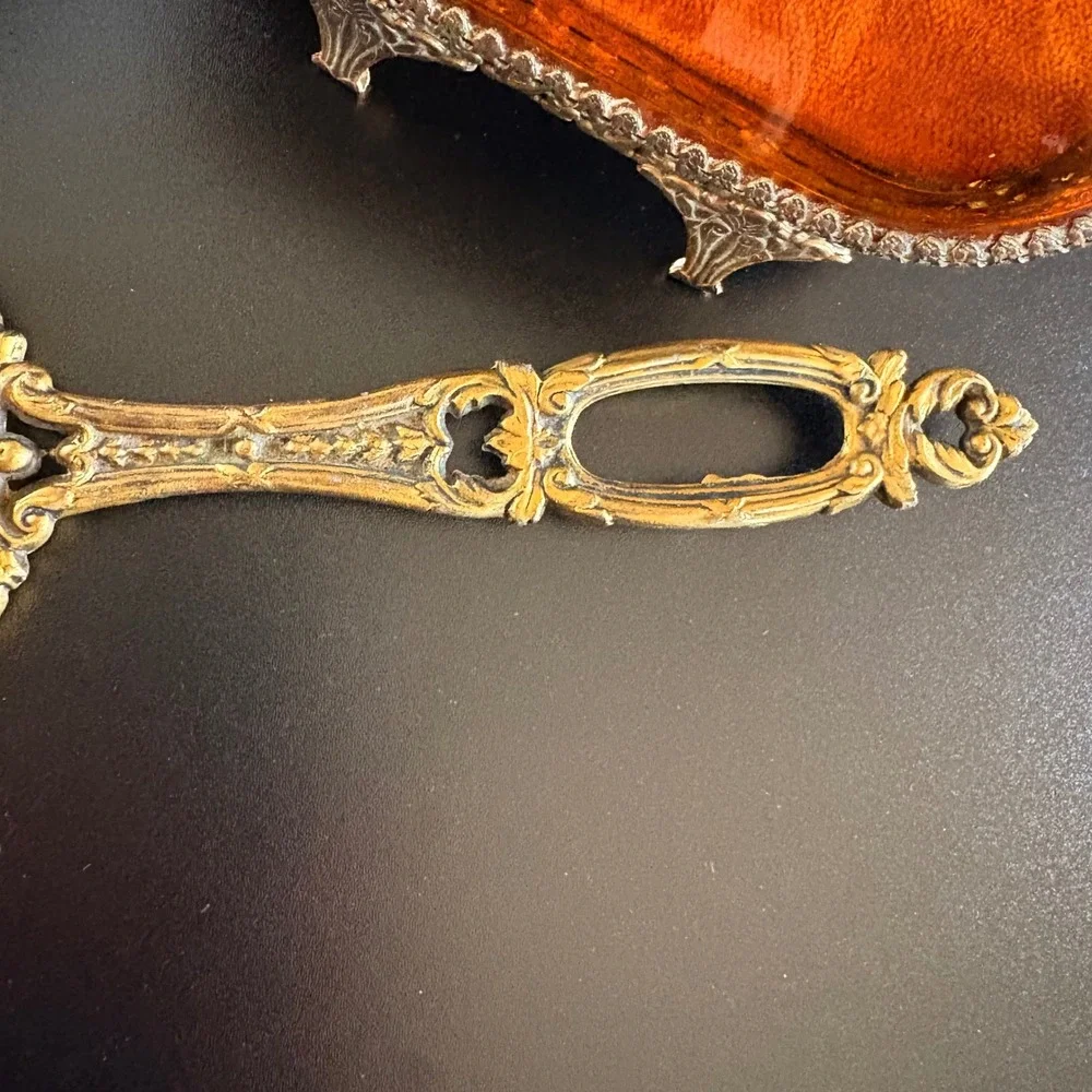 Antique vanity set trinkets case hand mirror‎ brush cup 4 pc amber glass